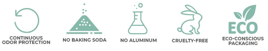 continuous odor protection no baking soda no aluminum cruelty-free eco-conscious packaging