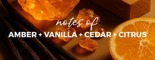 Spices and an orange with 'notes of: Amber + Vanilla + Cedar + Citrus' text on a wooden surface.