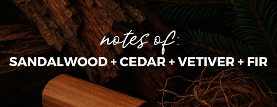 Wooden block with sandalwood, cedar, vetiver, and fir notes text on a dark background