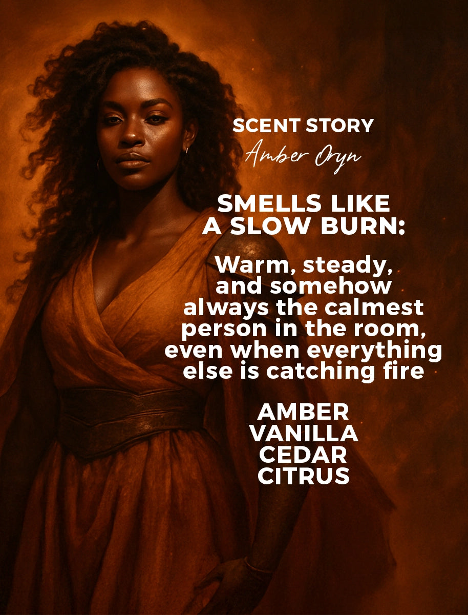 fierce woman in orange dress on a orange background with brand story text