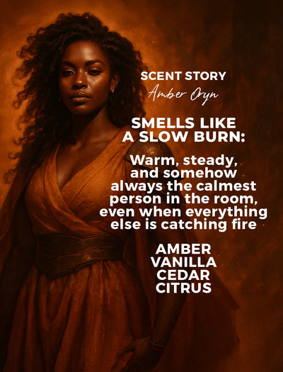 fierce woman in orange dress on a orange background with brand story text