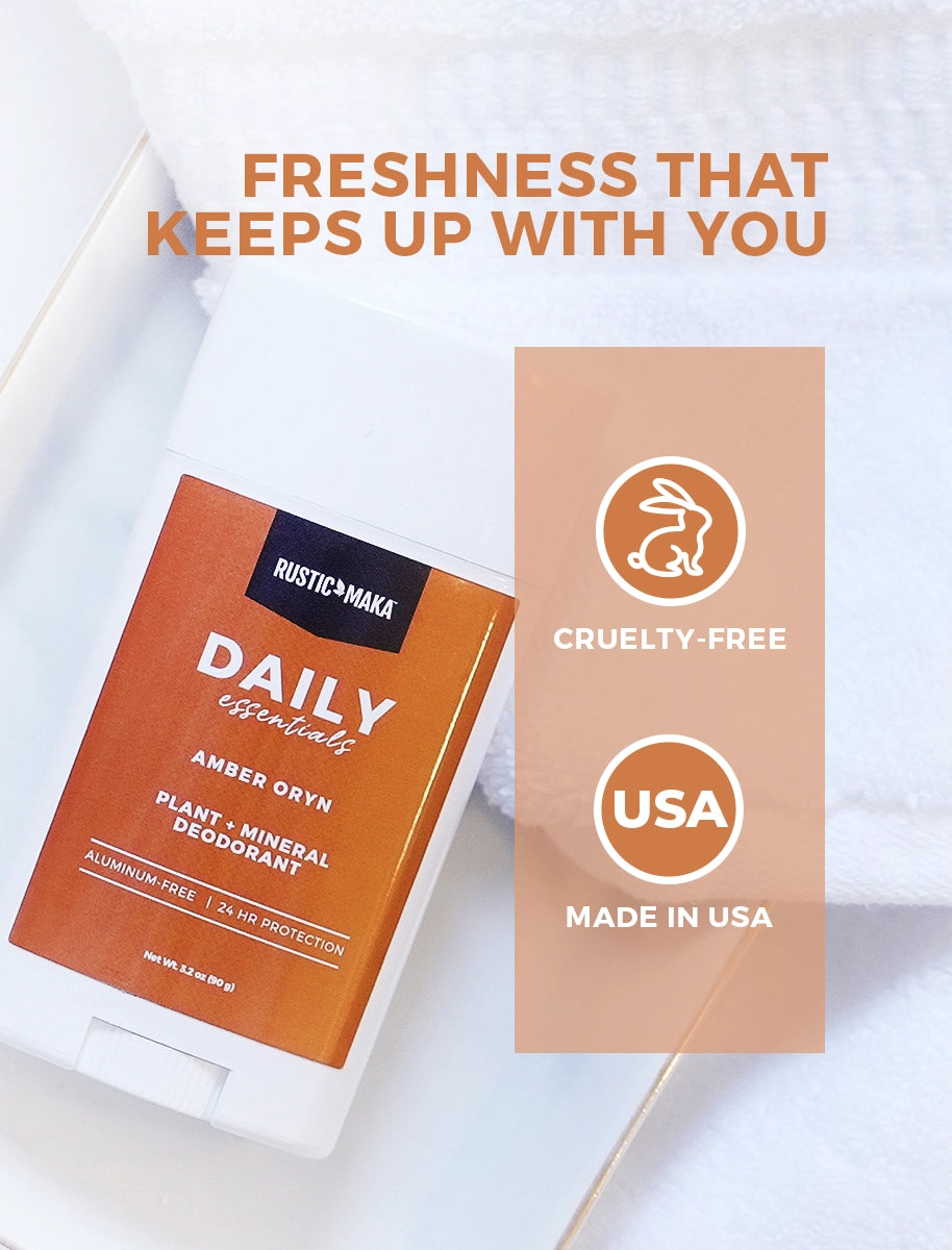 deodorant on white background with quality icons and brand text