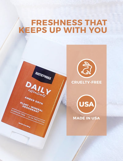 deodorant on white background with quality icons and brand text