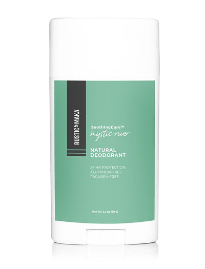 Rustic Maka natural deodorant stick with green label on a white background