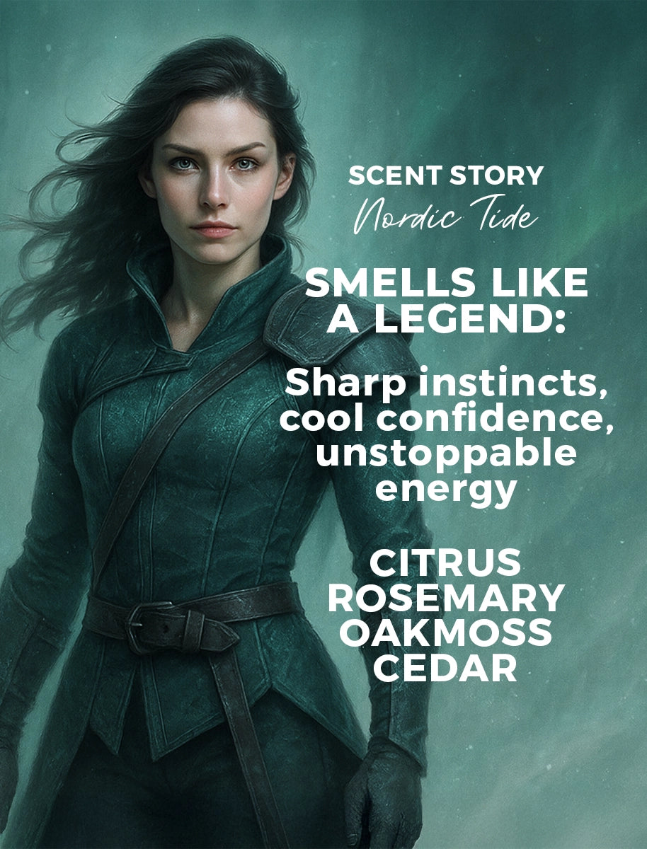 Woman in a green leathers with text about a fragrance story on a teal background