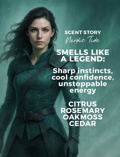Woman in a green leathers with text about a fragrance story on a teal background