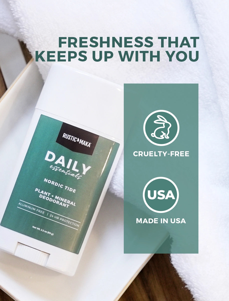 Rustic Maka deodorant packaging with branding and product details on a white background