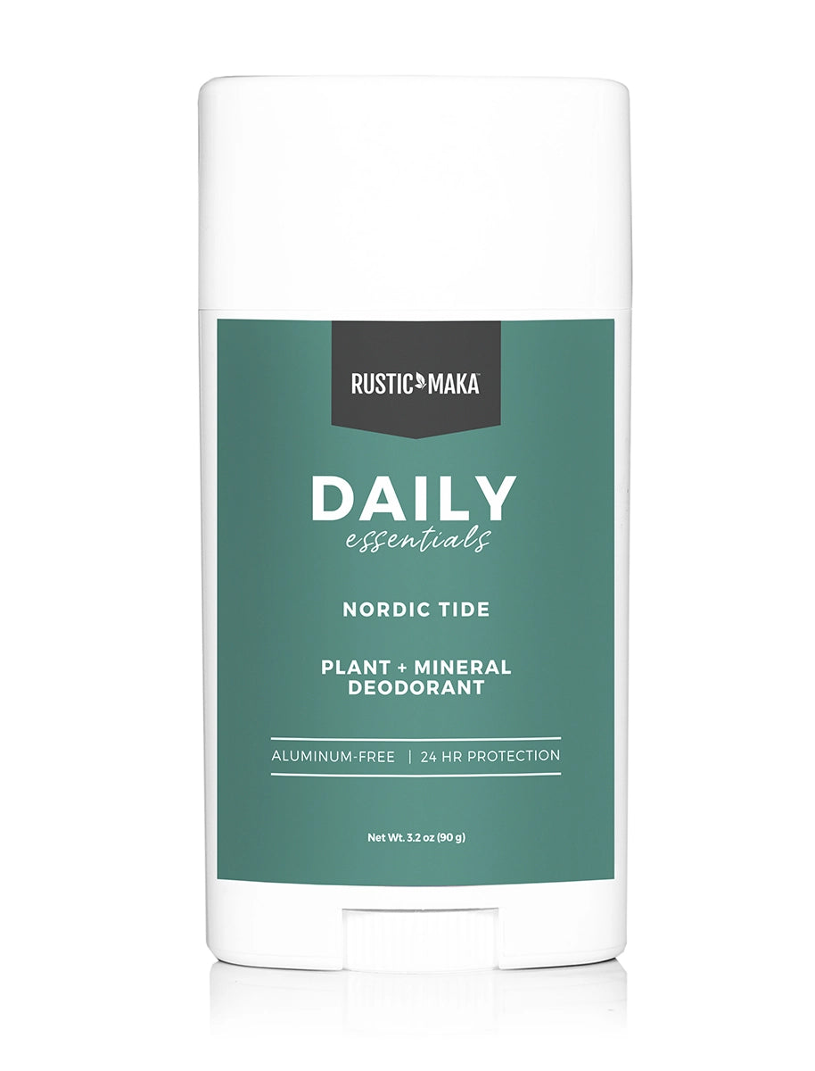 Deodorant stick with 'Rustic Maka' branding on a white background