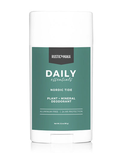 Deodorant stick with 'Rustic Maka' branding on a white background