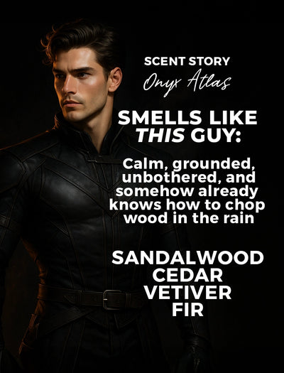 Man in black leather outfit with text about a scent story on a dark background