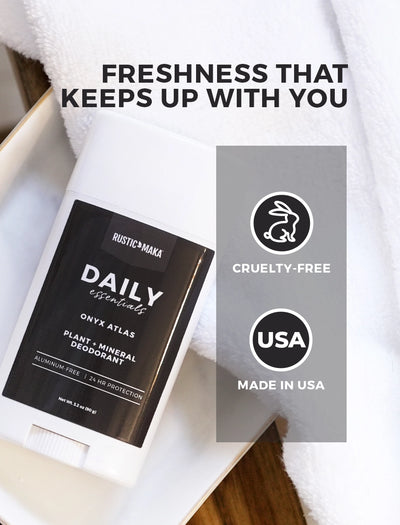 Rustic Maka deodorant packaging with branding and logos on a white background