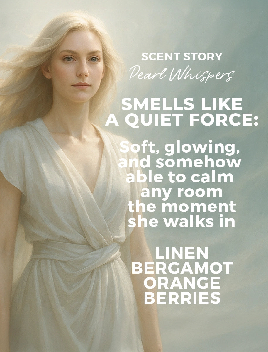 Woman in a light dress with text describing a fragrance brand and its attributes.
