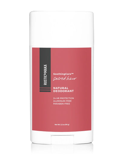 Rustic MAKA natural deodorant stick with pink label on a white background