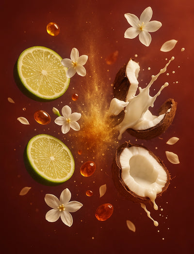 Illustration of lime slices, coconut, jasmine flowers, and splashes on a brown background