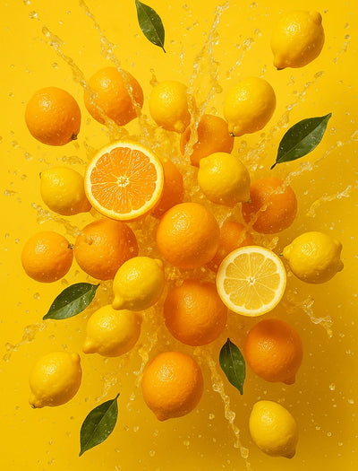 Oranges and lemons splashing in water on a yellow background