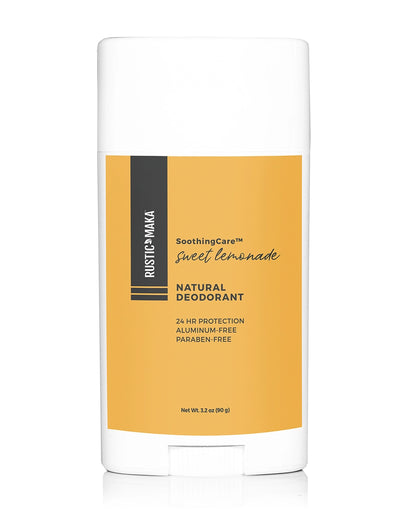 Rustic MAKA natural deodorant stick with yellow label on a white background